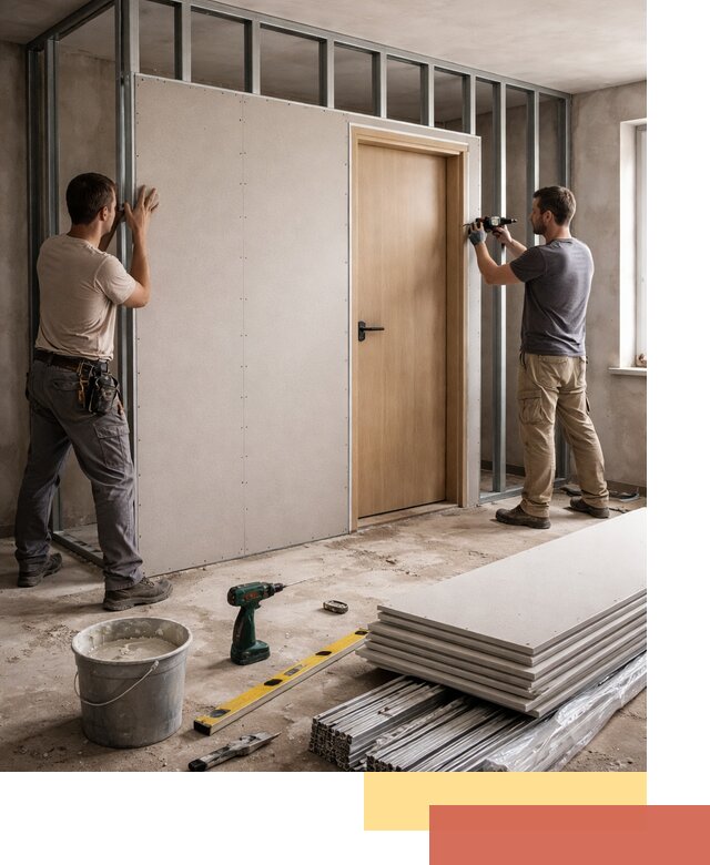 Перегородка из гипсокартона с дверью под ключ в Старой Руссе