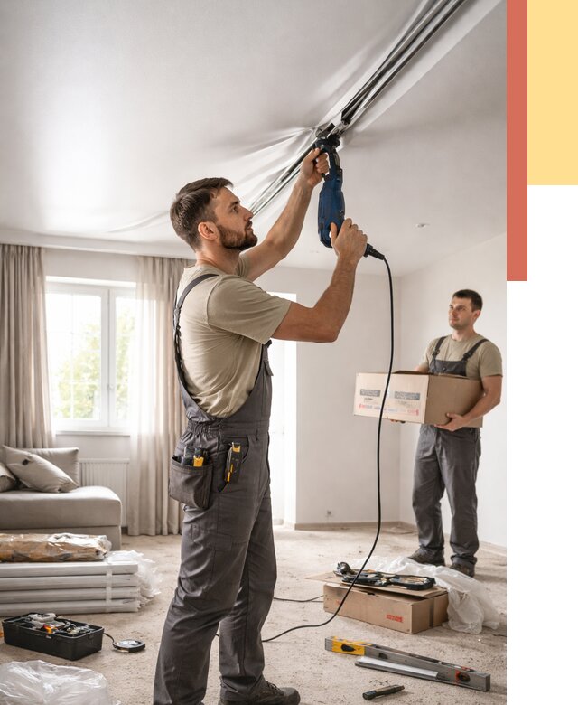 Монтаж сатинового натяжного потолка в Старой Руссе от 3567 руб. | Быстро, недорого — ОТДЕЛОЧНИК-Срс