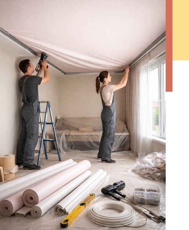 Монтаж цветного натяжного потолка в Старой Руссе от 4280 руб/м² — быстро и недорого | ОТДЕЛОЧНИК-Срс