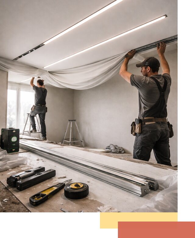 Монтаж натяжных потолков со световыми линиями в Старой Руссе