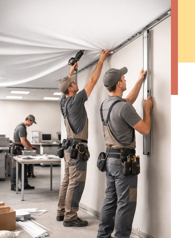 Монтаж натяжного потолка в офисе в Старой Руссе от 459 руб/м² — быстро и недорого | ОТДЕЛОЧНИК-Срс