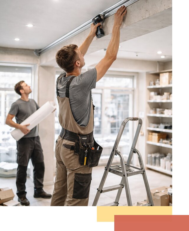 Монтаж натяжных потолков в магазине в Старой Руссе